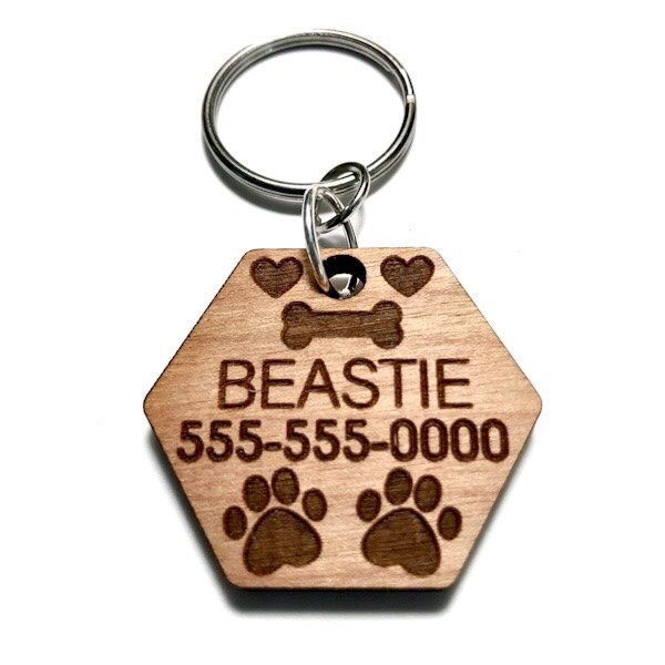 Wood Personalized Pet Tag Pet Identification Hexagon Hearts Bone Paw Prints Dog Tag