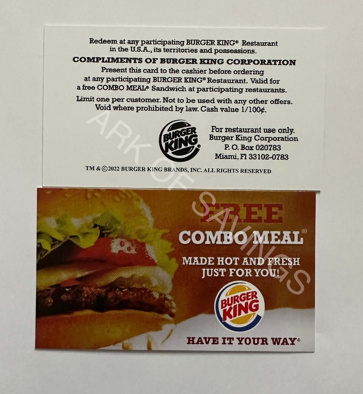 Burger King Free Combo Meal Voucher Cards No Expiration