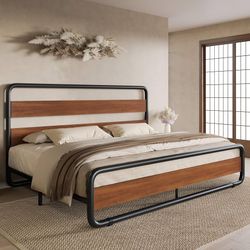 King Size Metal Bed Frame with Wooden Headboard and Footboard, Heavy Duty Platform Bed Frame with 10" Under-Bed Storage, Noise-Free, No Box Spring Nee