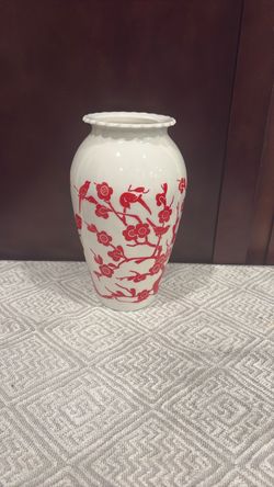 White Ceramic Vase with Red Floral Bird Design
