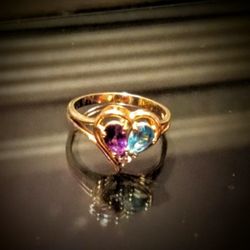 Diamond Accent Heart Gold Ring With Amethyst And Blue Topaz