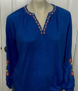 Blue Floral Embroidered Long Sleeve Blouse