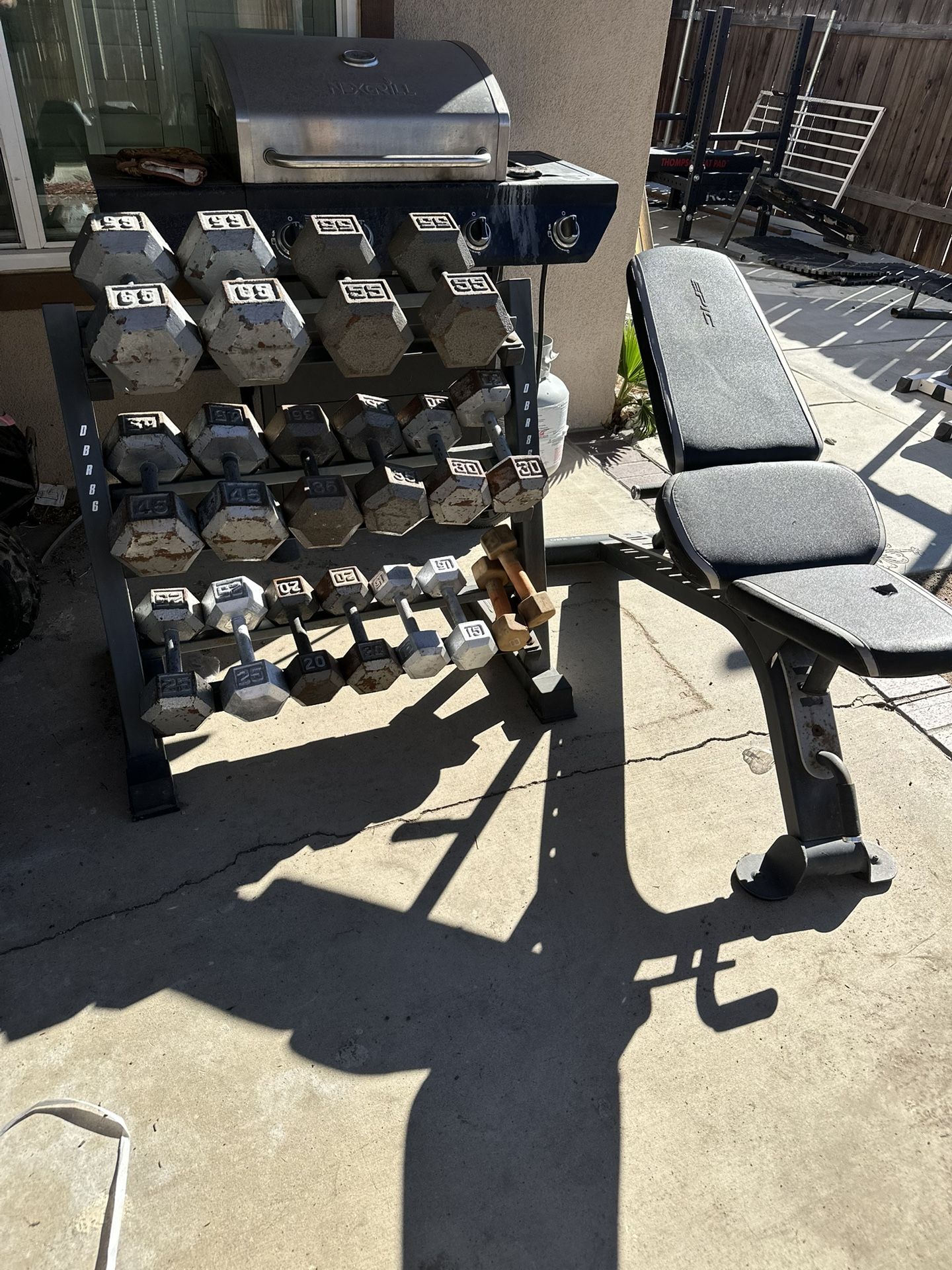 Dumbbells weights 6-65lbs plus rack 600lbs total and adjustable bench