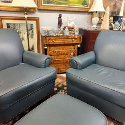 High Quality Furniture 2 Blue Leather Chairs W/Ottoman 