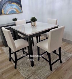 Modern 5-Pc counter Height dining table set white faux marble table top