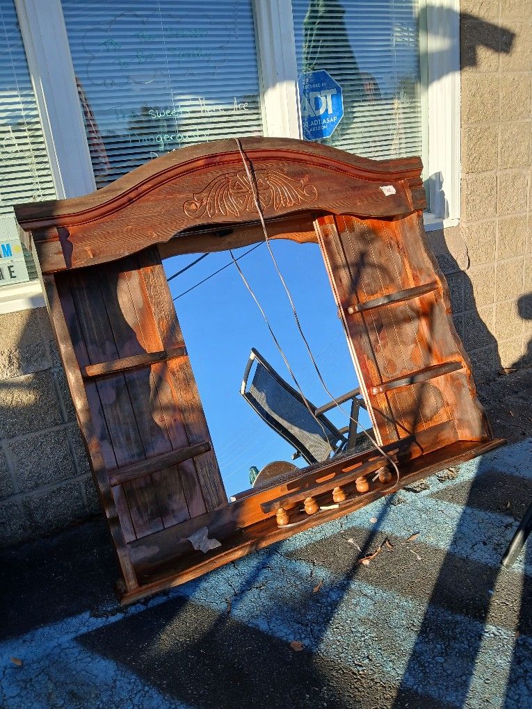 Vintage Solid Wooden Mirror with Shelves
