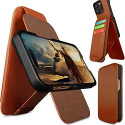 iPhone 14 Pro Max Leather Flip Case with Detachable Wallet Folio, Caramel Color