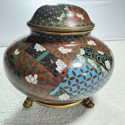 Vintage Cloisonné Jar with Lid – Colored Enamel, Brass, Three Legs