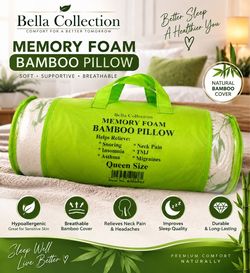 Bella Collection Queen Memory Foam Bamboo Pillow – Soft, Supportive & Breathable