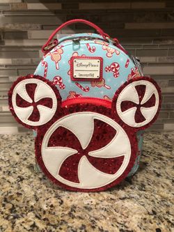 Disney Parks Christmas Holiday Peppermint Candy Cane Loungefly Backpack Bag