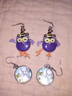 Halloween Owls In Purple Earrings And Wolves With Dream Catchers Earrings
