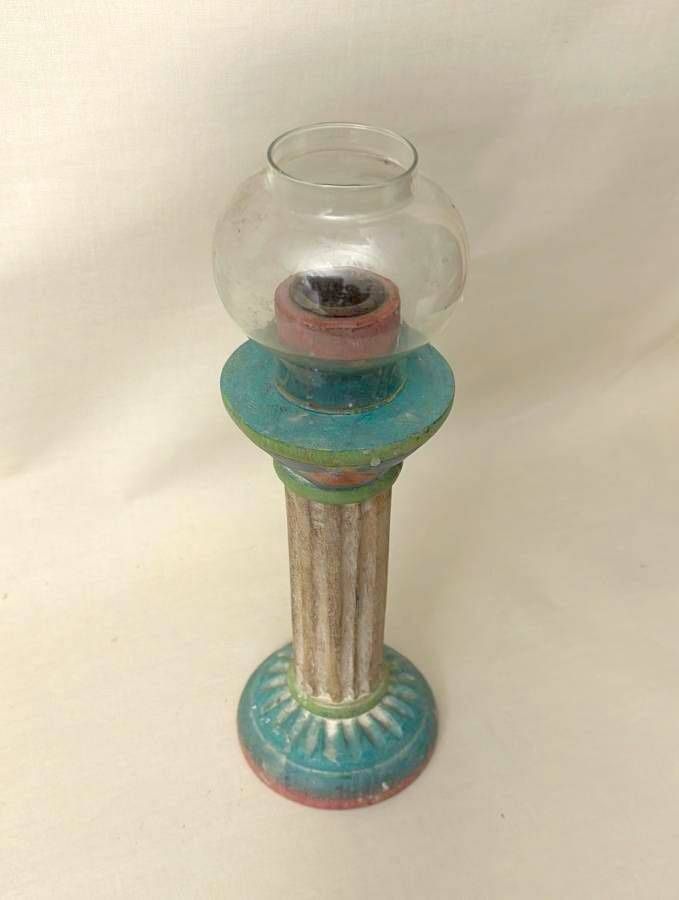 Vintage Carved Wood Multicolored Hand Painted Candlestick Holder Boho Retro Chic Decor Made In Thailand
