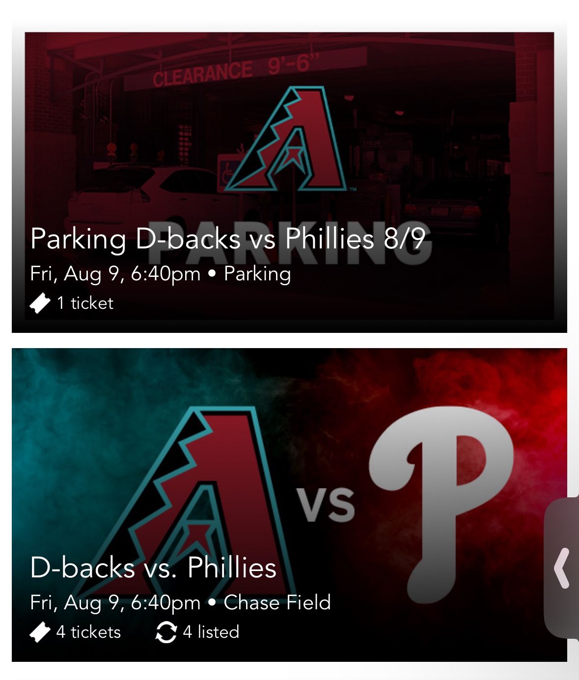 8/9 Diamondbacks Great Seats!!!!!! Sec 125 Row 25 With Parking Pass Included