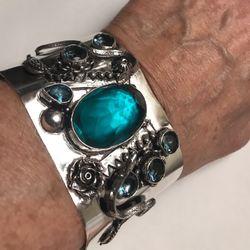 Tourmaline Stamped Solid 925 Sterling Silver Cuff Bracelet 