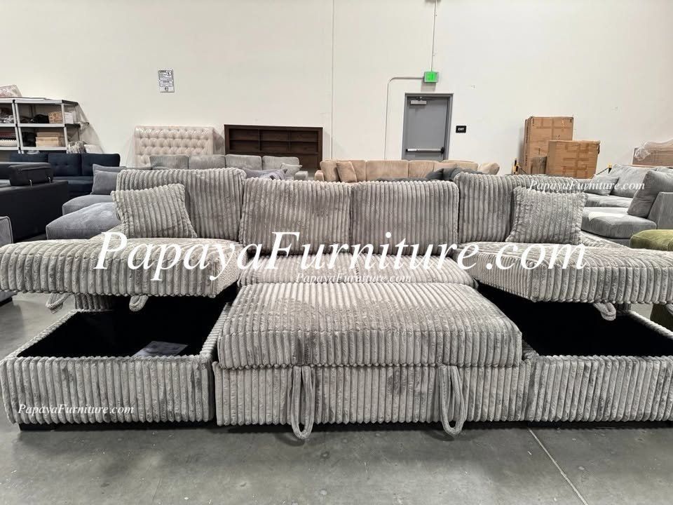 NEW Large U Shape Sectional Sofa with TWO STORAGE CHAISE Set Pullout Sleeper Bed Seccional Big Couch Pull out Ashley Style Designer Discount Furniture