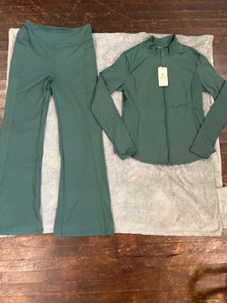 Teal Athletic Jacket and Flare Pants Set
