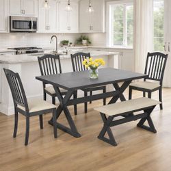 6-Piece Rustic Dining Table Set with 4 Chairs & 1 Bench  [NEW] **Assembly Req** 
