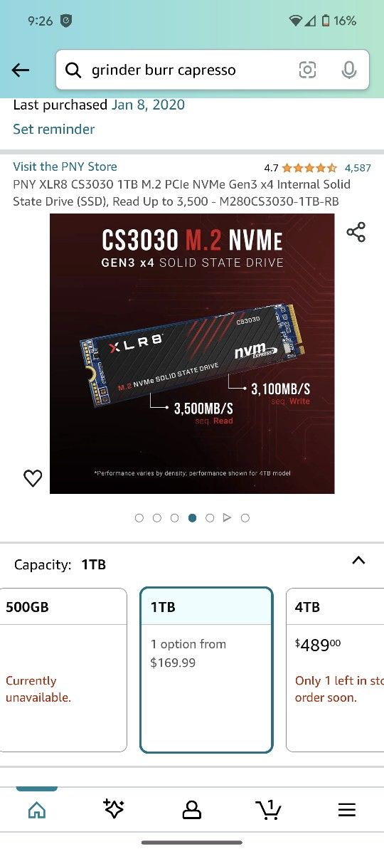 PNY XLR8 CS3030 1TB M.2 PCIe NVMe Gen3 x4