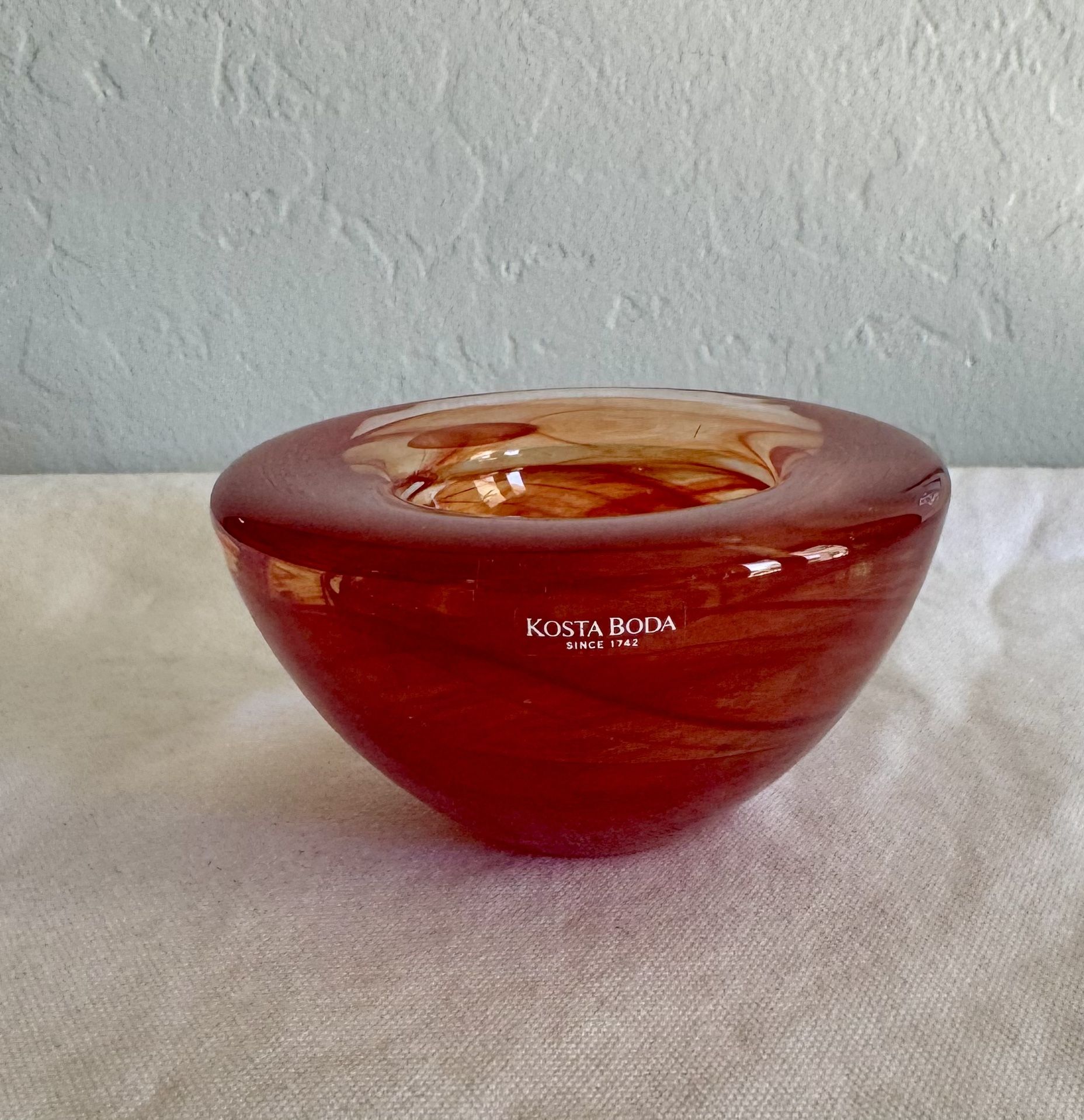 Kosta Boda Atoll Red Swirl Glass Votive Candle Bowl Sweden Anna Ehrner