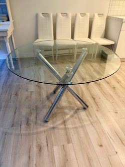 Glass Dining Table with White Faux Leather Dining Chairs with Chrome Legs