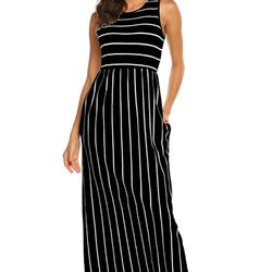 Women's Summer Sleeveless Striped Flowy Casual Long Maxi Dress with Pockets  