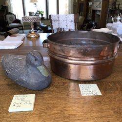 Antique Heavy Cooper Pot Planter, Antique Paper Mache Duck Decoy White Beat Lake Home