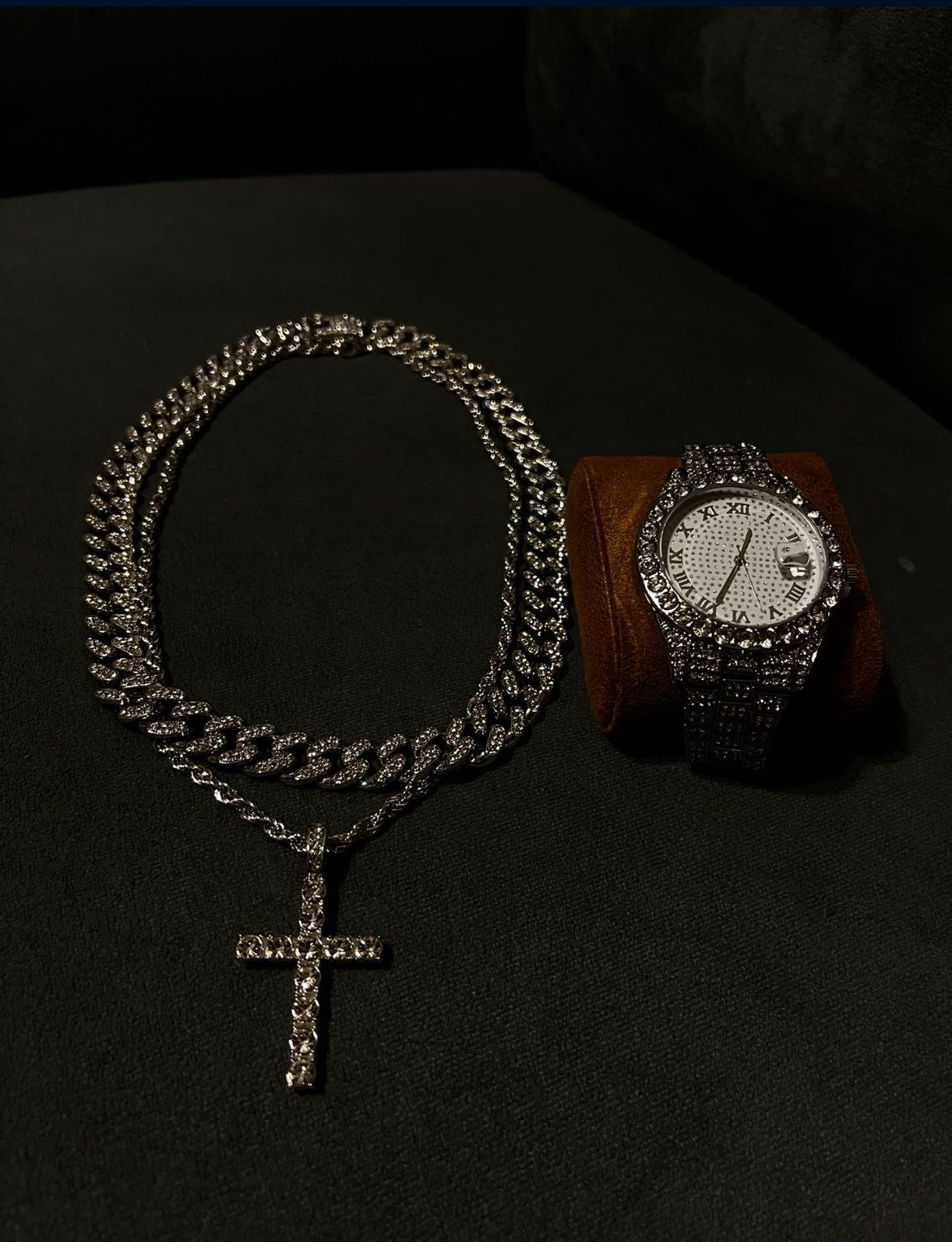 Iced Out Cross Pendant Rope Chain w Cuban Link Chain Bundle