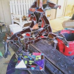 15×15 metal mixed media horse on welded base 5×6