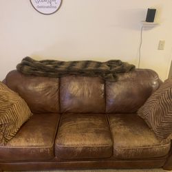 (Can deliver) Leather Couch With Pillows and Throw Blanket