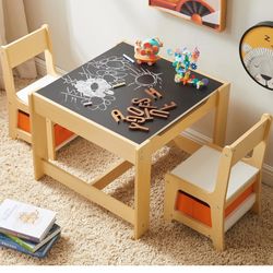 Kids Table and Chair Set, 3 in 1 Wooden Activity Table with Storage Drawer 