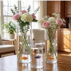 3 Pack Acrylic Cylinder Vase Set, 8" 10" 12" Tall Clear Plastic Flower Vase with Cleaning Sponge, Unbreakable Hurricane Vase for Floor, Desk, Wedding 