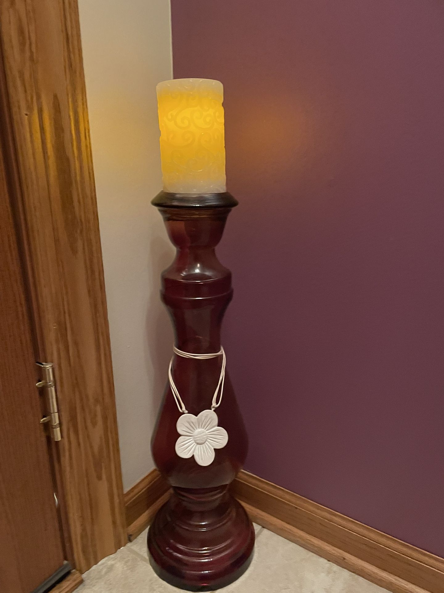 Pair of Beautiful Purple glass candle holders with embossed timer candle