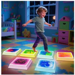 Light up Sensory Floor Tiles for Kids - 12X12 Inch Liquid Play Mat with 7 Colors