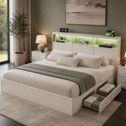 🔥KING Size Bed Frame with Headboard Lights and bookcase storage, White L-18