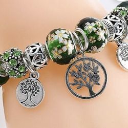 Silvery Tree of Life Green Charm and Beaded Bracelet