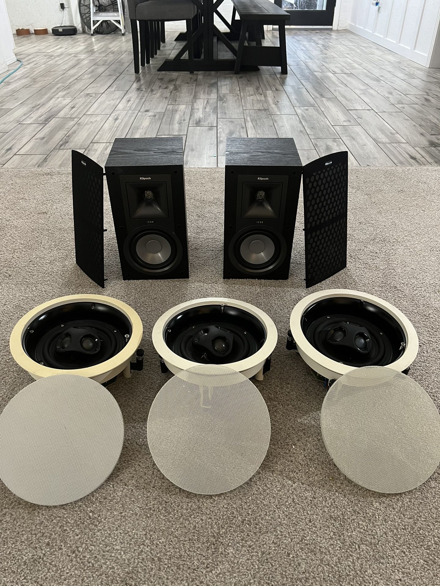 2 Klipsch Icon Bookshelf Speakers With 3 NHT Ceiling Speakers 