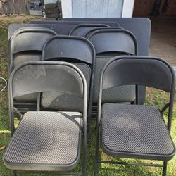 3 Black Card Tables And 8 Padded Metal Folding Chairs 