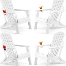 119 Folding Adirondack Chair Set of 4, Fire Pit Chairs, Plastic Adirondack Chairs Weather Resistant with Cup Holder, Composite Adirondack Chairs, Whi