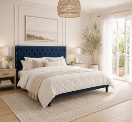King Bed Frame with Rivet-Tufted Headboard & Footboard, Upholstered Platform Bed with Wood Slats Support, No Box Spring Needed, Noise-Free, Easy Assem