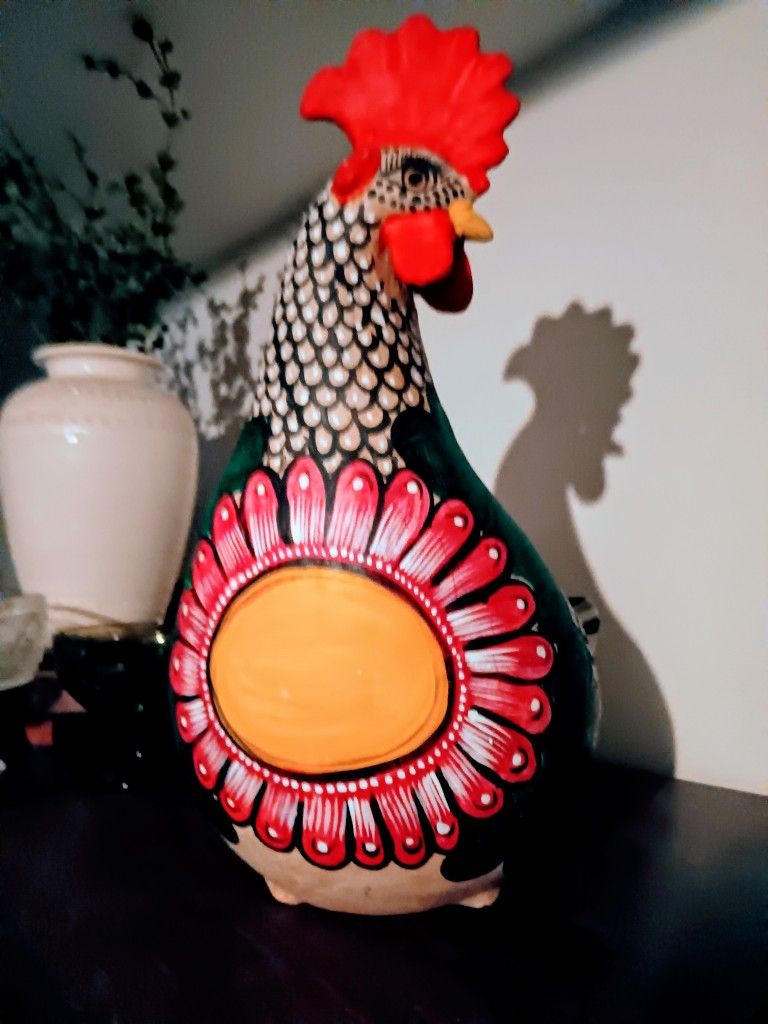 Folk Art Rooster Clay Planter