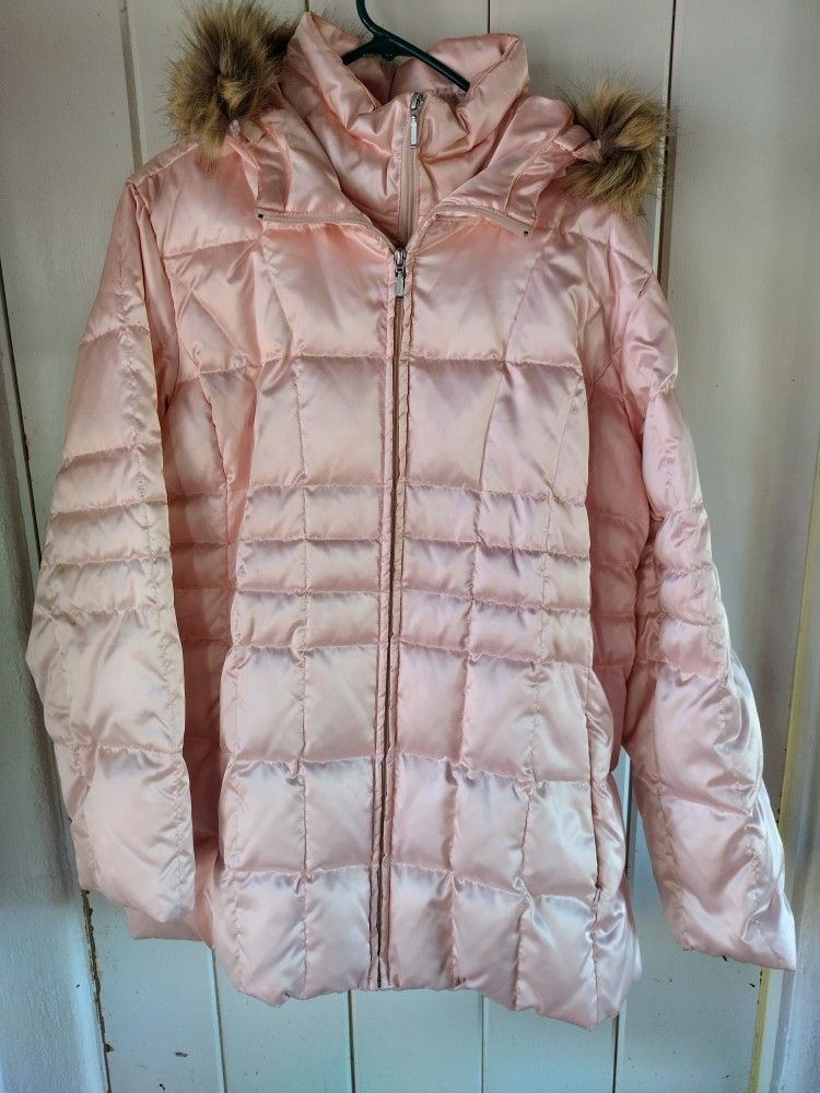 Pink Mid length Down Jacket With Hood