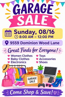 Garage sale tomorrow, Sunday, August 16