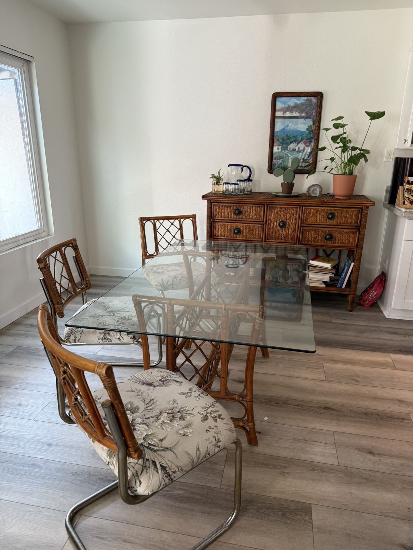 Glass Dining Table with 3 Bamboo Chairs