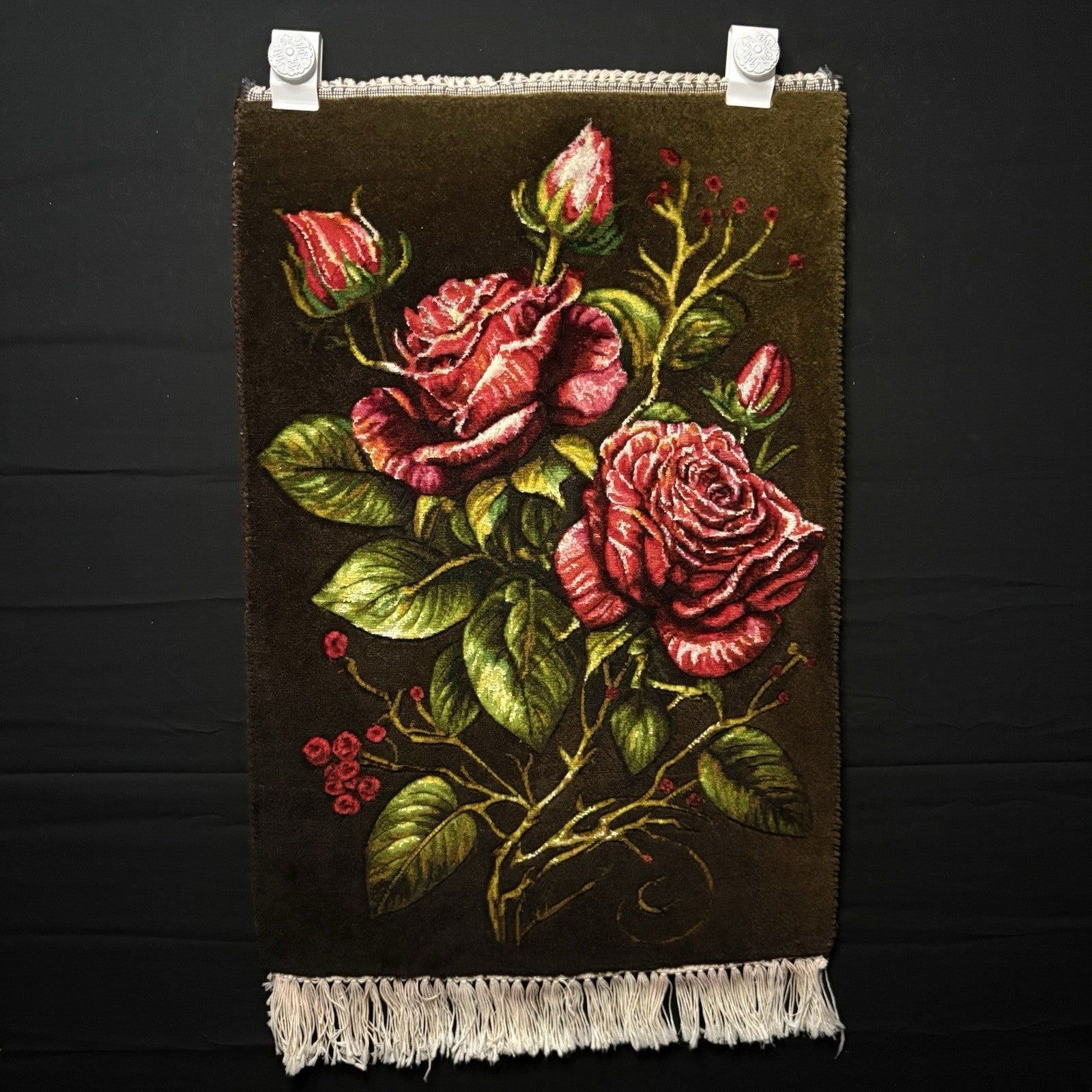 Persian Pictorial Rug Hand Knotted Silk 3-D Roses 24”x16” 240KPSI w/Rug Hangers