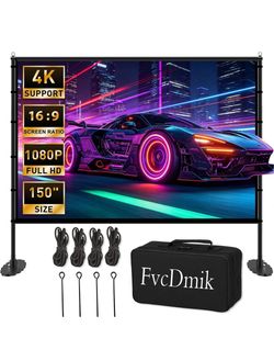 150 inch Projector Screen with Stand, 16:9 4K HD Portable Outdoor Movie Screen, Wrinkle-Free Foldable Indoor Projection Screen with Carry Bag & Ground