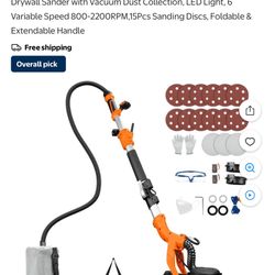 Drywall Sander, 1000W Popcorn Ceiling Removal Tool, Automatic Drywall Sander with Vacuum Dust Collection, LED Light, 6 Variable Speed RPM,15Pc