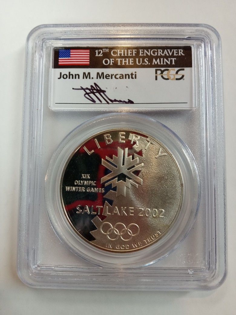 2002-P PCGS PR69DCAM Olympics Salt Lake City Silver Dollar - John Mercanti Hand Signed
