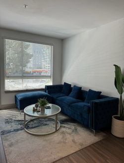 Blue Velvet Sectional Sofa with 2 Ottomans