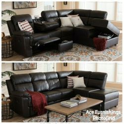 Brand New Air Leather Fabric Java Reclining Sectional With Built In Cup Holders A Drop Down Table & Storage Compartments