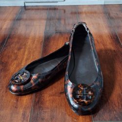 Tory Burch Minnie Travel Ballet Flats Sz 9.5 Brown Tortoise Shell Patent Leather